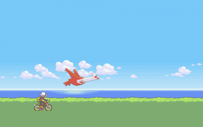Latias flying over a person on a bicycle in Pokemon