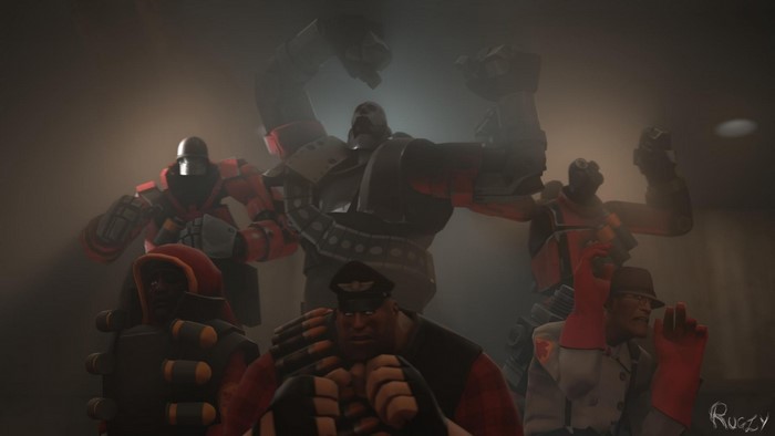 Team Fortress 2 characters on a stage