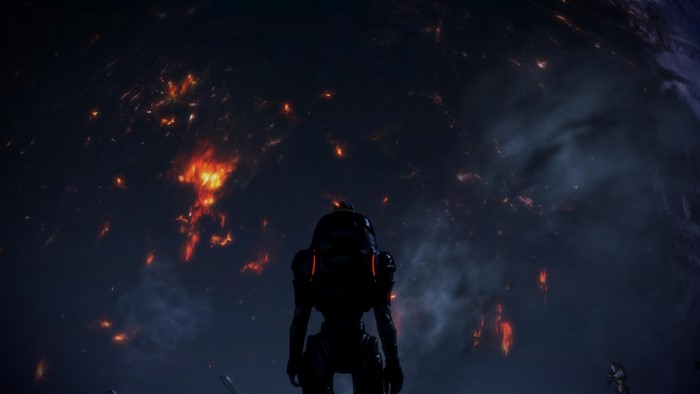 Garrus Vakarian from Mass Effect overlooking a burning planet