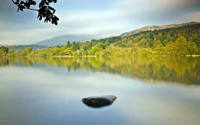Rock in a calm lake with reflections of trees and mountains
