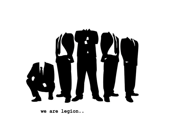 Silhouettes of men in suits with text