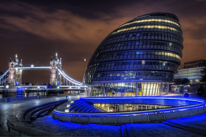 City Hall and Tower Bridge at Night in London