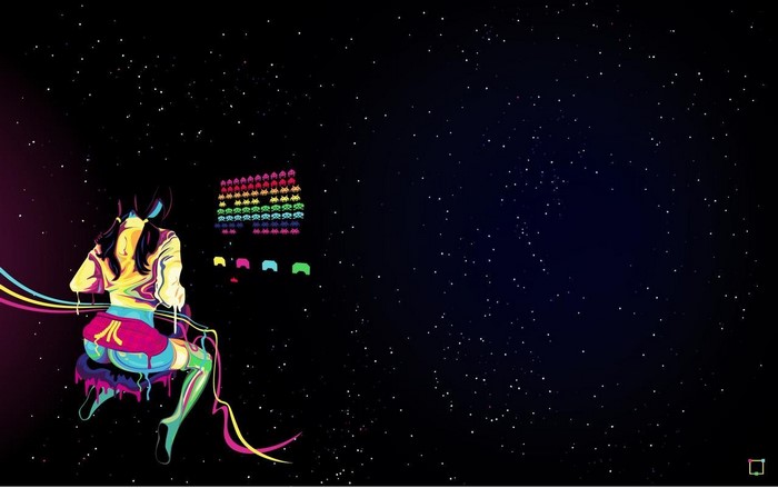 Girl playing Space Invaders in outer space