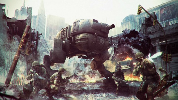 Soldiers fight a mech in a destroyed city