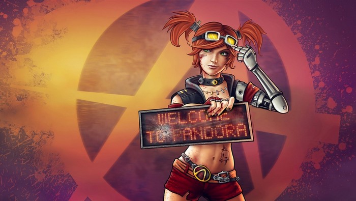 Gaige the Mechromancer from Borderlands 2 holding a welcome sign