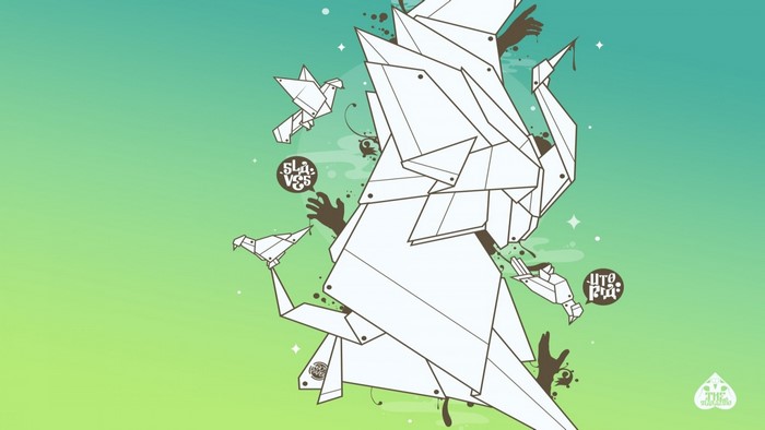 Abstract origami birds and hands on a gradient background