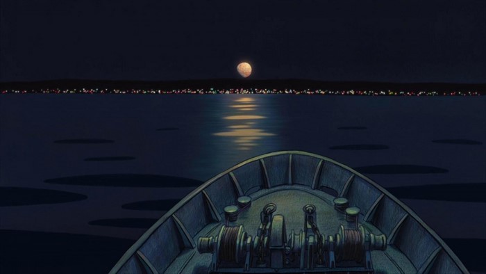 Ponyo screenshot of a boat at night with moonlight