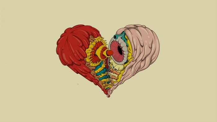 Illustration of a dissected heart with an eye