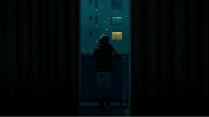 Fictional character looking out a window at night