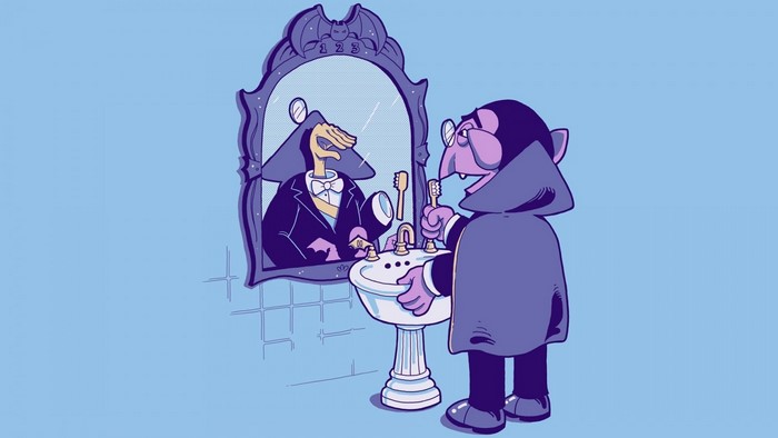 Count von Count brushing teeth in mirror