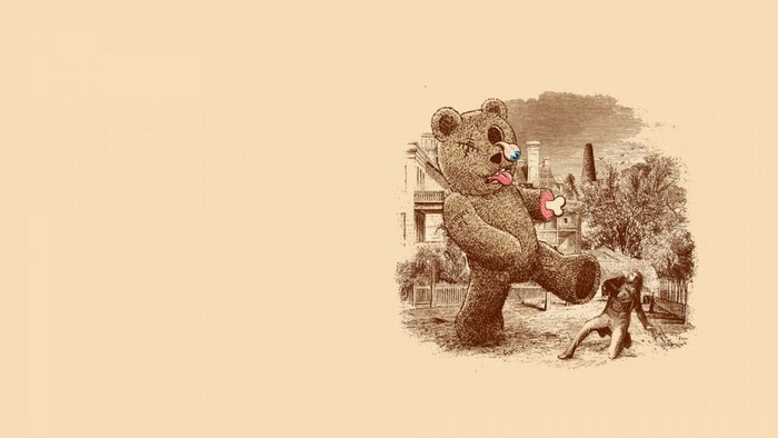 Giant teddy bear attacking a man