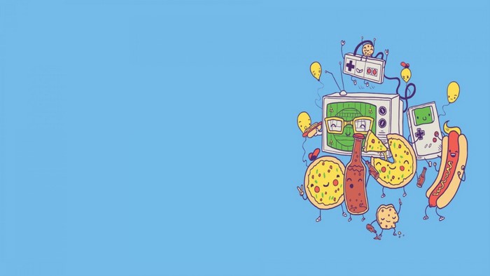 Cartoon food and video game characters celebrating