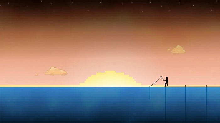 Pixel art fisherman at sunrise over the ocean