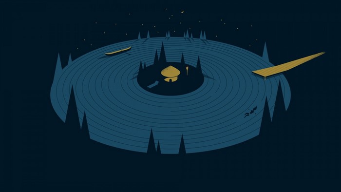 Abstract vinyl record lake with house and boat