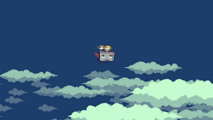 Pixel art characters flying on a creature in the sky