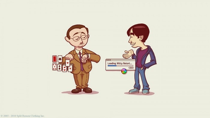 Man with cards waits for witty retort from man with loading bar