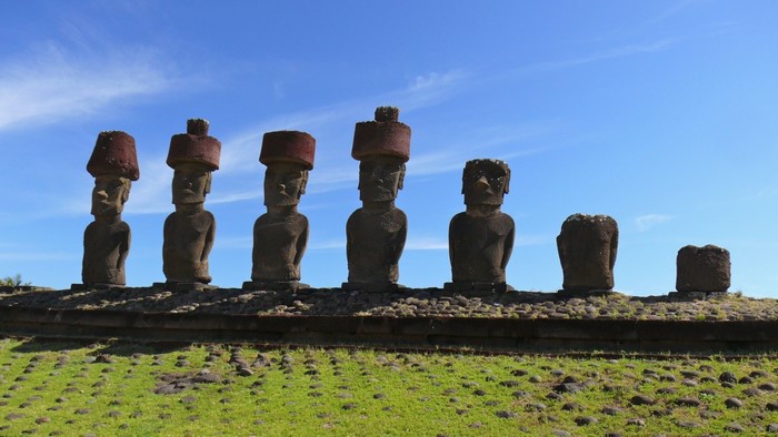 Moai statues with red topknots on Easter Island