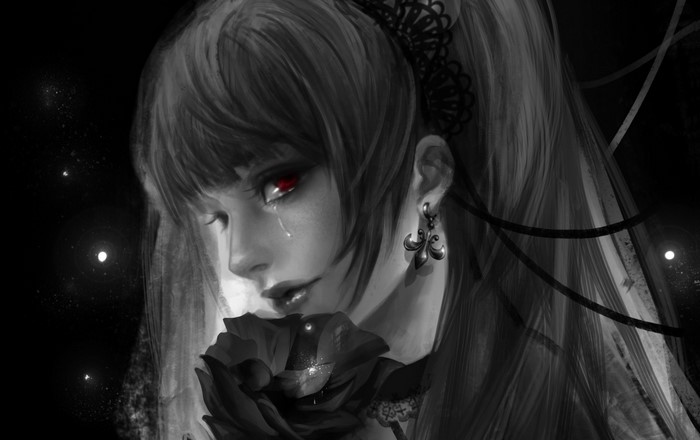 Amane Misa from Death Note holding a black rose