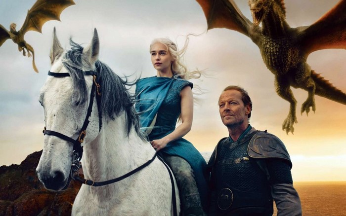 Daenerys Targaryen and Jorah Mormont with dragons from Game of Thrones