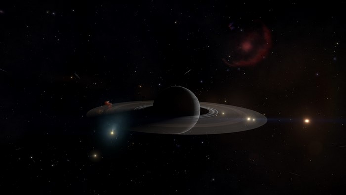 Planet with rings and nebula in Elite Dangerous