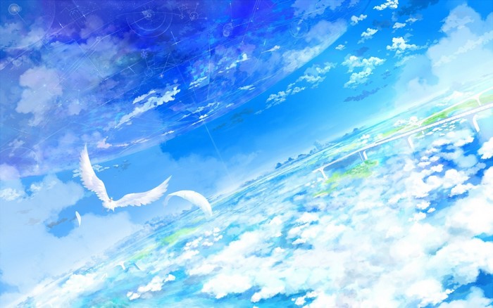 Anime sky with clouds and angelic wings