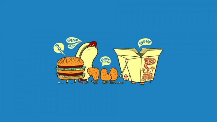 Cartoon animals made of food on a blue background