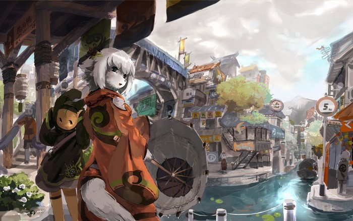 Furry characters in a Japanese-style town with a canal