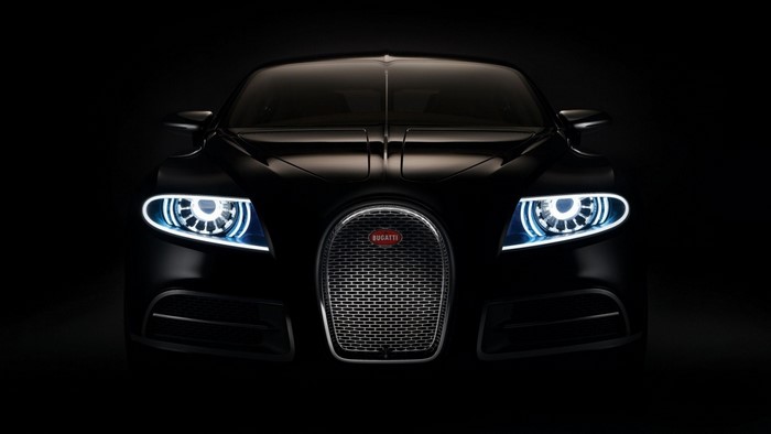 Bugatti Veyron front view with headlights on