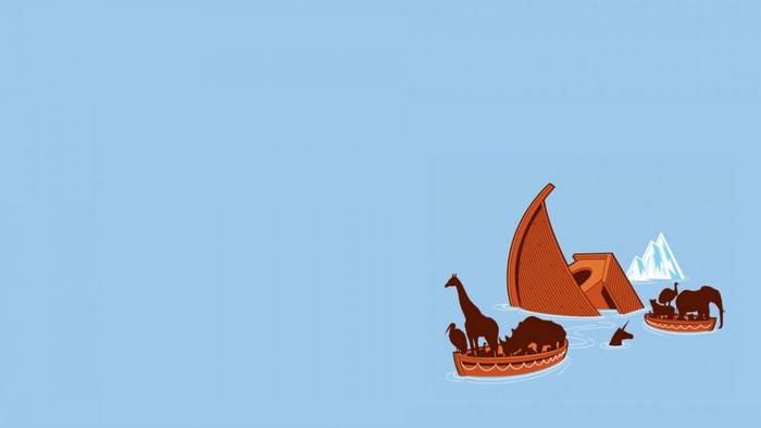Animals on boats near sinking ark and icebergs