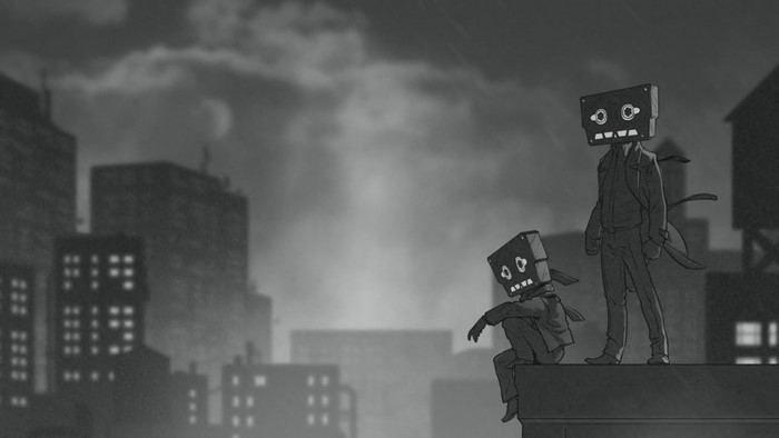Two figures with cassette tape heads on a rooftop at night