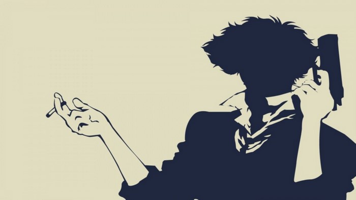 Spike Spiegel from Cowboy Bebop holding a gun and smoking