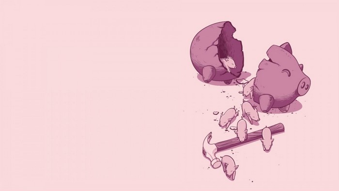 Broken piggy bank with piglets and hammer