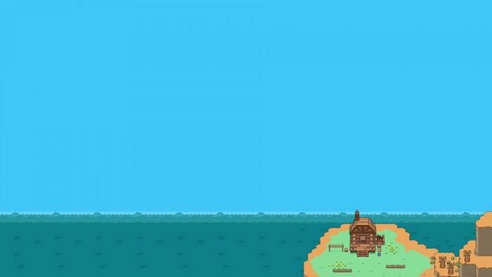 Pixel art island with a log cabin by the sea