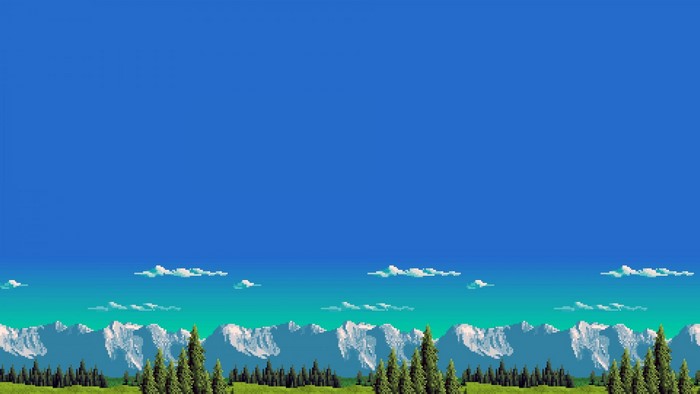 Pixelated mountain range with trees and clouds under a blue sky