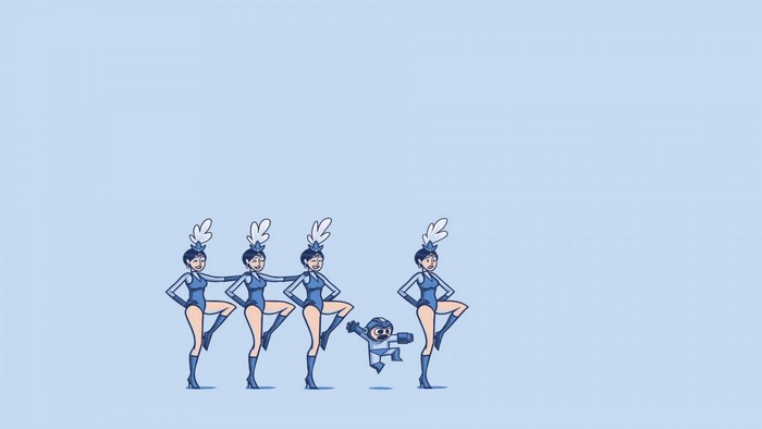 Mega Man and showgirls dancing