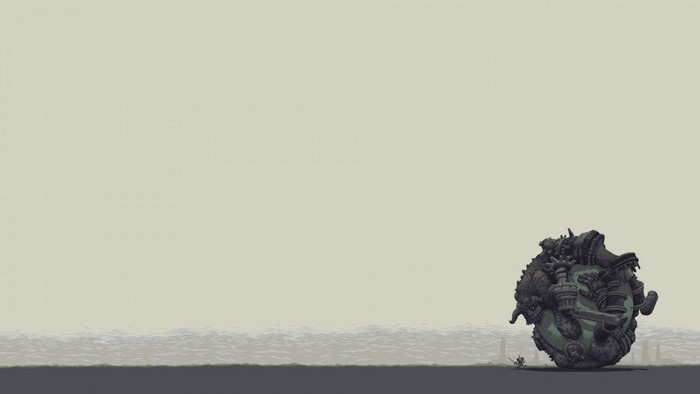 Minimalist scene with a small figure and a large creature