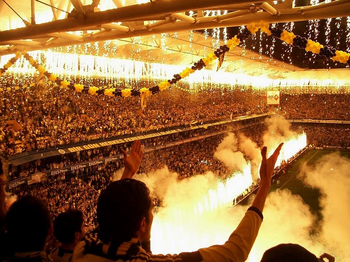 Fenerbahce stadium with fireworks and fans