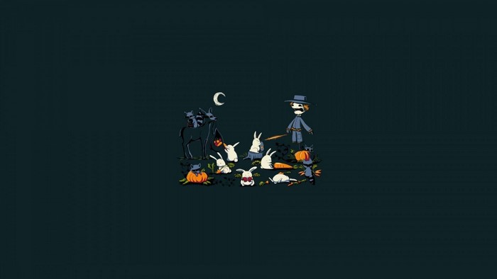 Cartoon Halloween scene with rabbits and raccoons