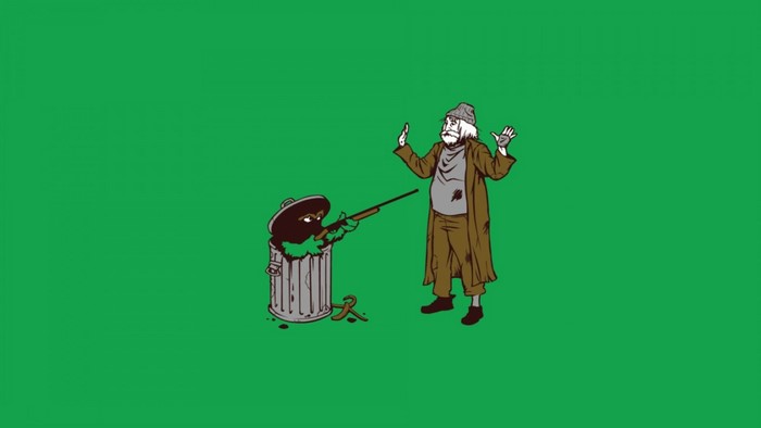 Oscar the Grouch from Sesame Street holding a rifle