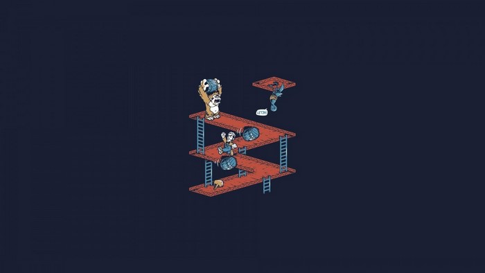 Donkey Kong and Mario in an M.C. Escher-inspired scene