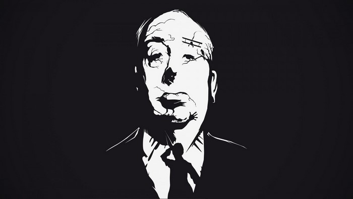 Illustration of Alfred Hitchcock with surreal elements
