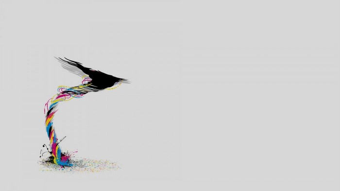 Minimalist illustration of a bird with colorful ink trail