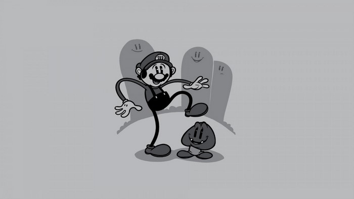 Mario and Goomba in vintage cartoon style