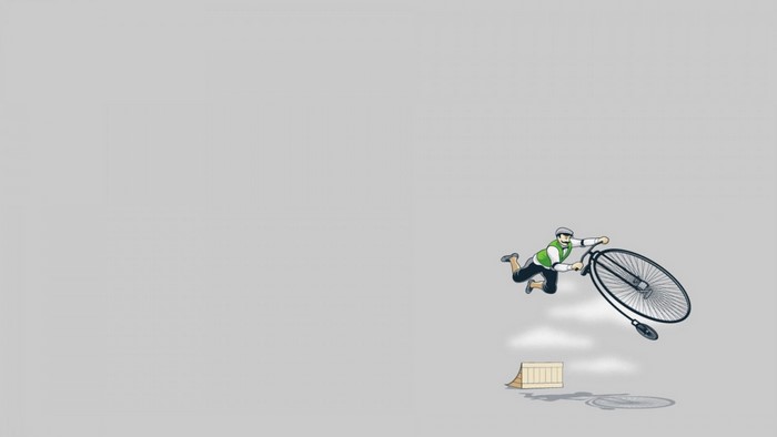 Cartoon man doing a bicycle trick over a ramp