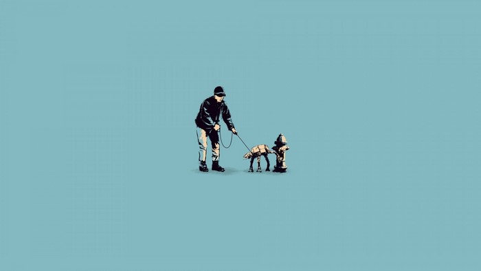 Man walking an AT-AT walker on a leash