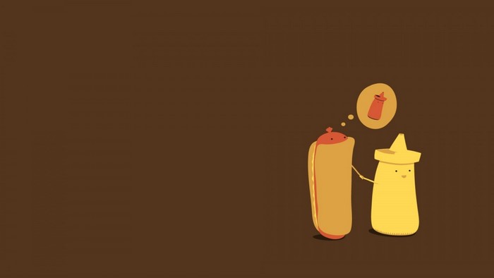 Hot dog and mustard bottle with thought bubble