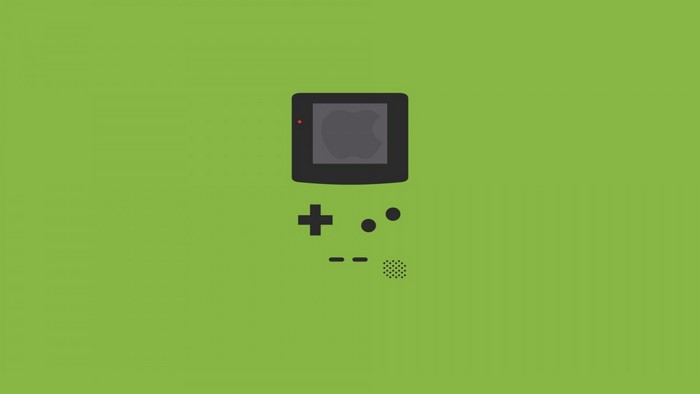 Minimalist Game Boy with Apple logo on green background
