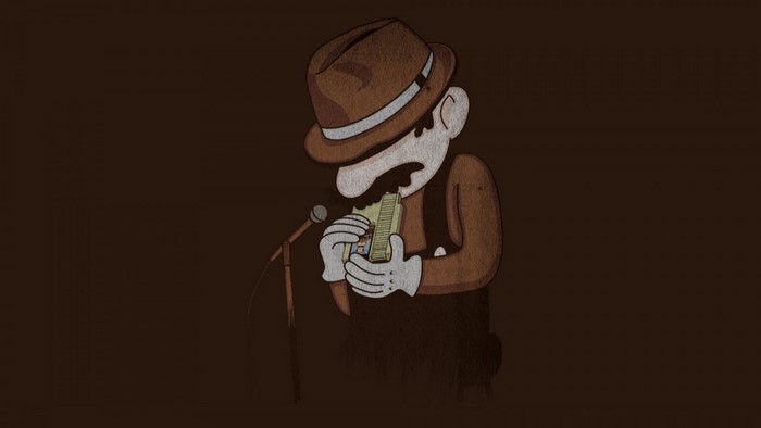 Mario eating a sandwich in front of a microphone