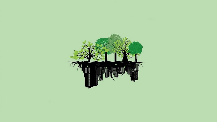 Illustration of trees growing from an inverted city