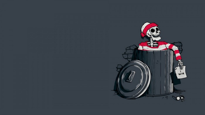Skeleton dressed as Waldo in a trash can